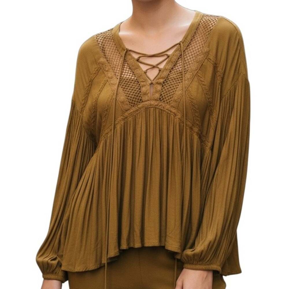 Free People Fairy Grunge Blouse XS Brown Gingersnap Lace Up Balloon Sleeve Top